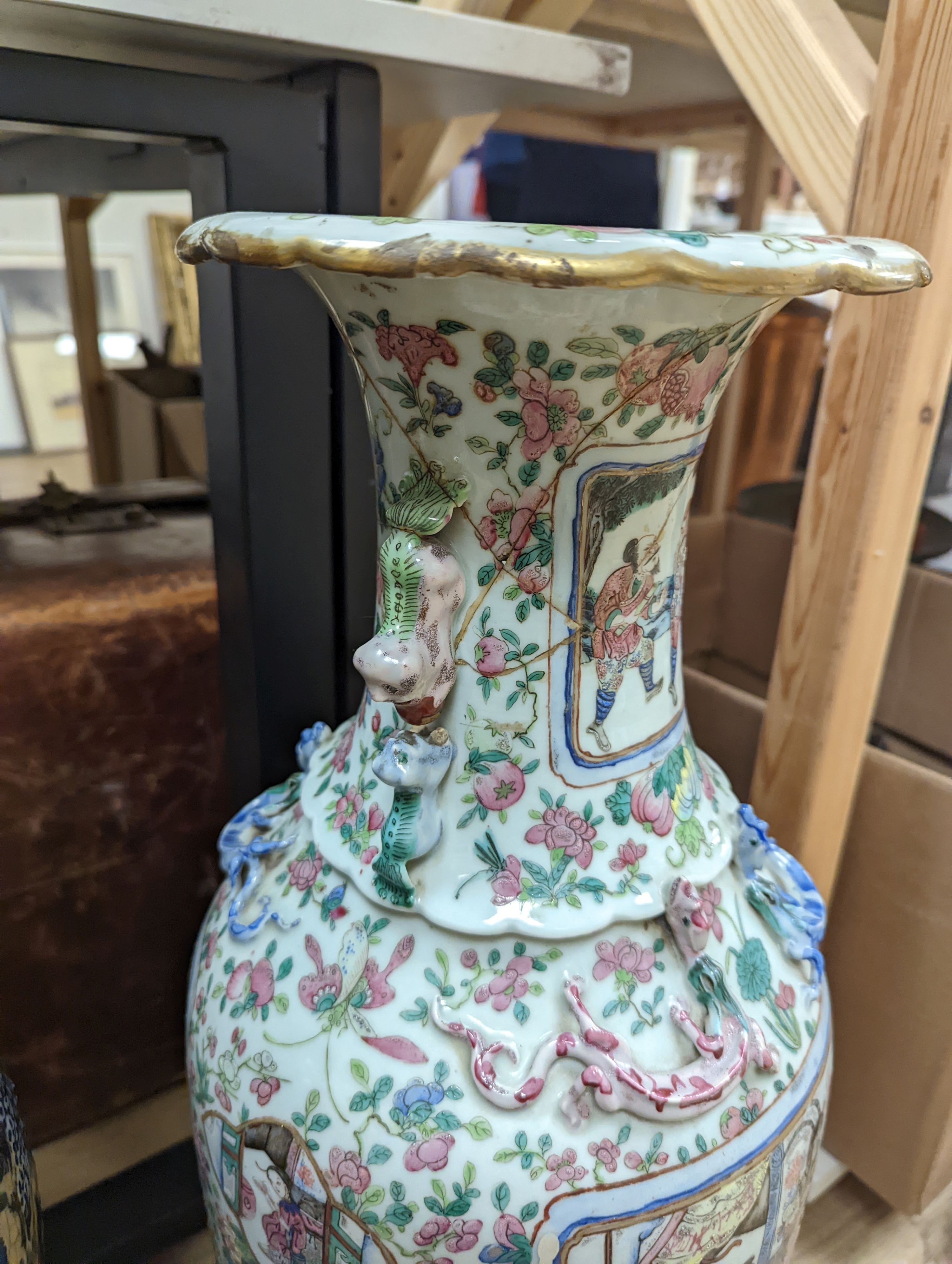 A large Chinese crackle glaze vase, late 19th/early 20th century and a large Chinese famille rose vase, late 19th century, tallest 60 cm.